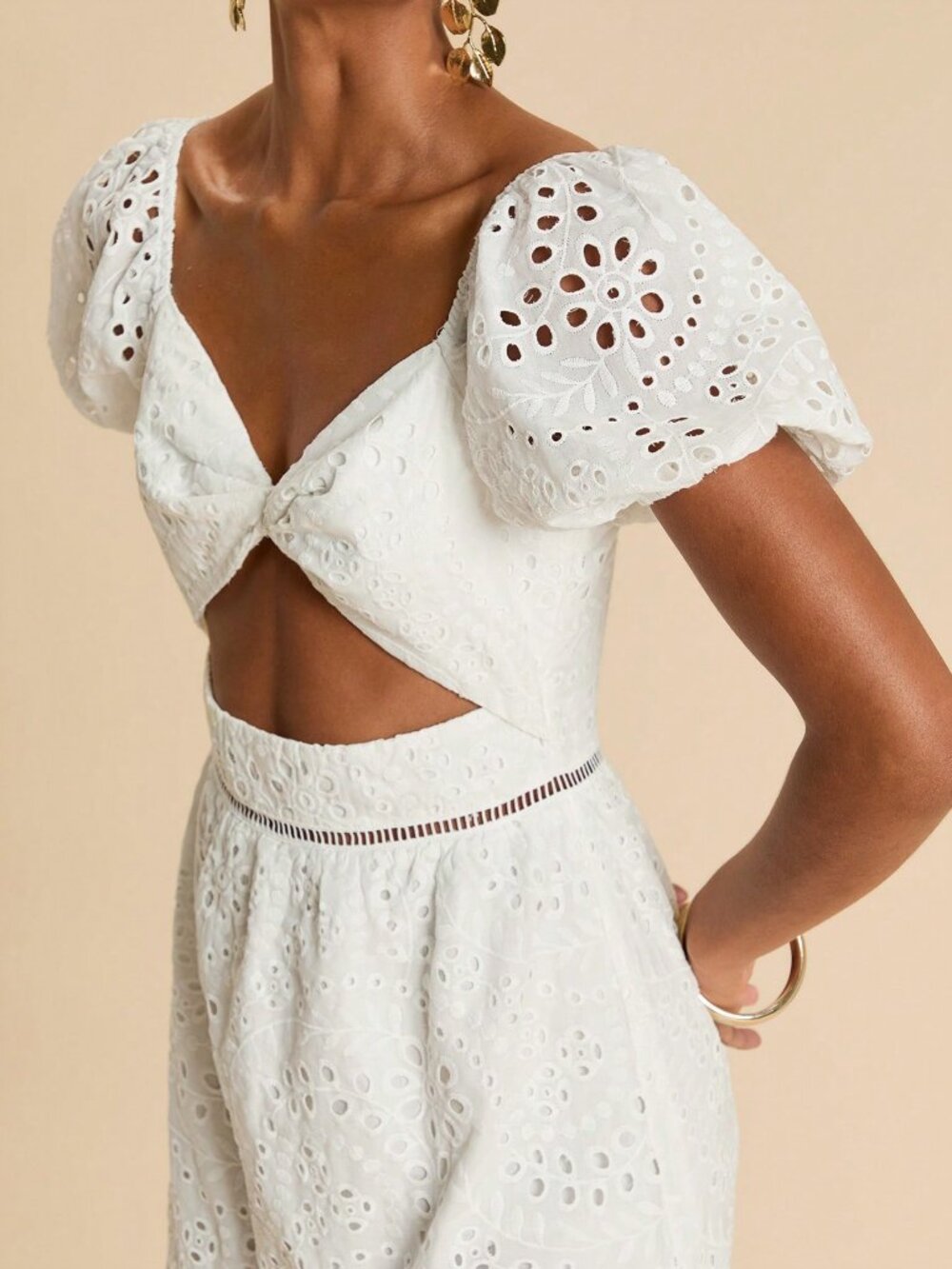 White Boho Women's Embroidered Twist Ruched Long Dress - Picture 2 of 7